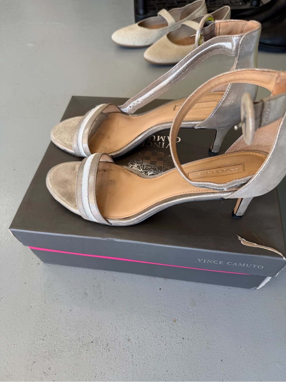 Vince Camuto Metallic Silver T-Strap Open-Toe Heels